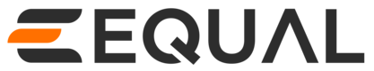 The image shows the logo of the brand "Equal." The logo features the word "EQUAL" in bold, uppercase black letters with the "E" comprised of two black horizontal bars and one orange horizontal bar in the middle, offering a fresh, spring-inspired digital aesthetic.