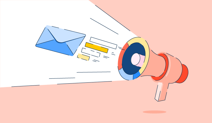 Illustration of a megaphone emitting digital icons, including an envelope and text boxes, symbolizing the communication or announcement of messages and information. The background is a solid peach color.