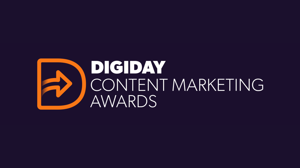 The image shows the Digiday Content Marketing Awards logo, featuring an orange outlined "D" with an arrow inside, next to the text "DIGIDAY Content Marketing Awards" on a dark purple background.