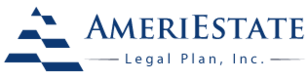 A logo for AmerEstate Legal Plan, Inc. featuring a blue graphic of a stylized pyramid on the left and the company's name in blue text on the right. A thin horizontal line separates "AmerEstate" and "Legal Plan, Inc." The design exudes a fresh, spring digital aesthetic.