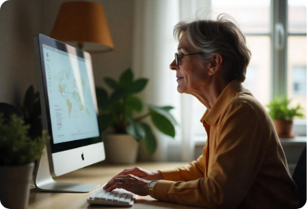 An elderly person with short gray hair and glasses is sitting at a desk, using a desktop computer. A map is displayed on the screen. There are plants, a lamp, and a window in the background.