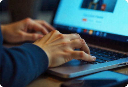 A person typing on a laptop keyboard, with a smartphone placed on the table beside them. The screen of the laptop displays a blurred website or online profile page. The person's hands are visible, focusing on the task of typing.