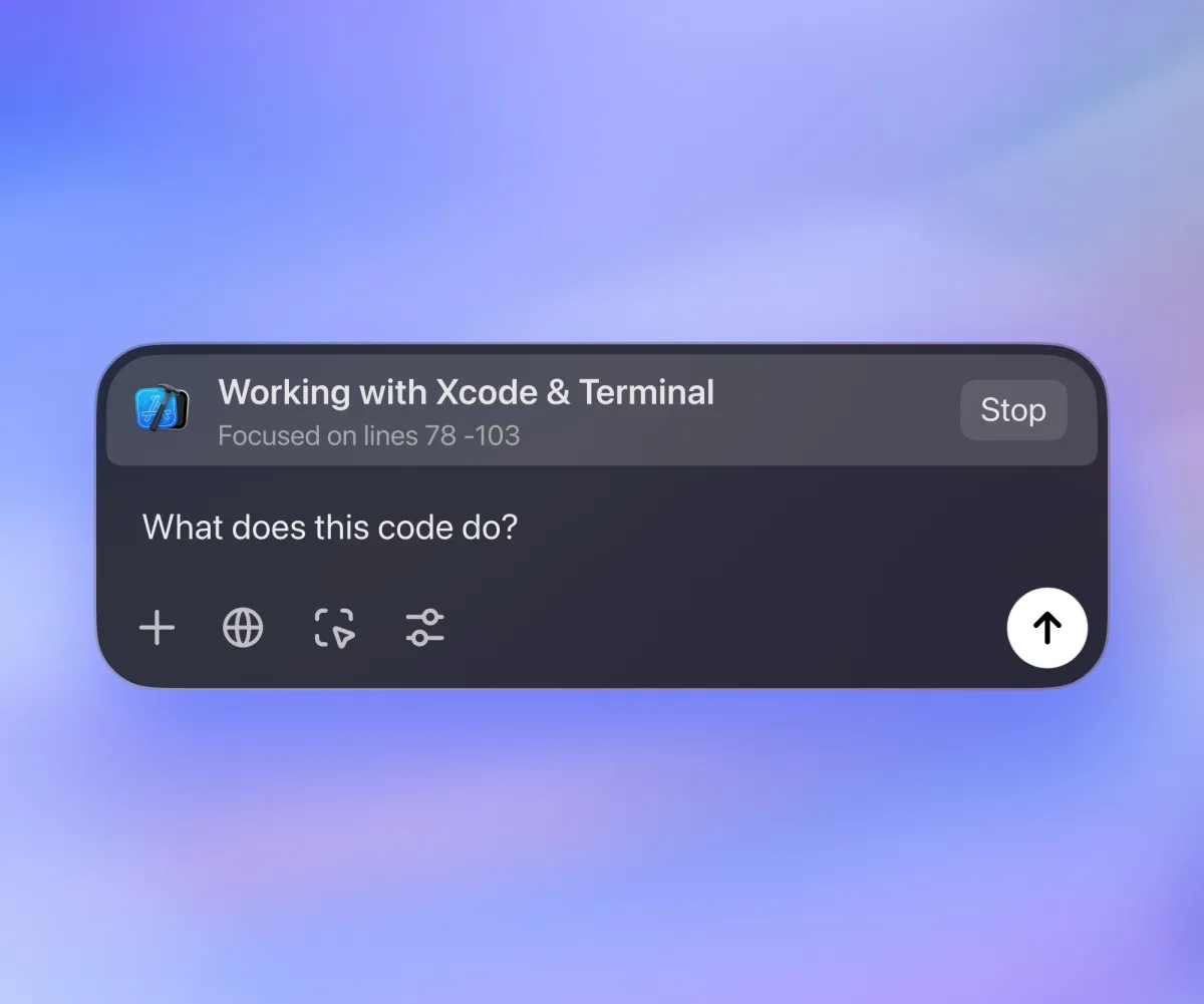 A user interface snippet featuring a header that reads "Working with Xcode & Terminal" with an option to "Stop." Below, a question asks, "What does this code do?" There are icons for adding, language selection, and settings, with an upward arrow.